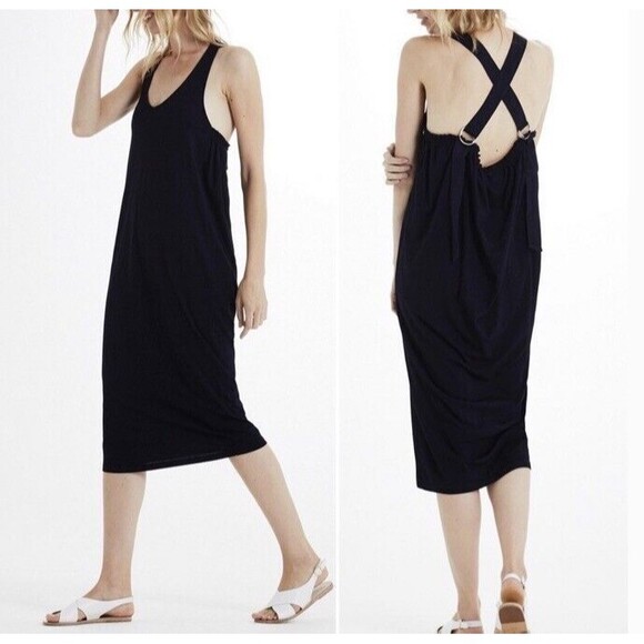 AG Dress Navy Alkaline Jersey Stretch Midi Shift Cross Back Straps Beachy Small - Picture 1 of 10
